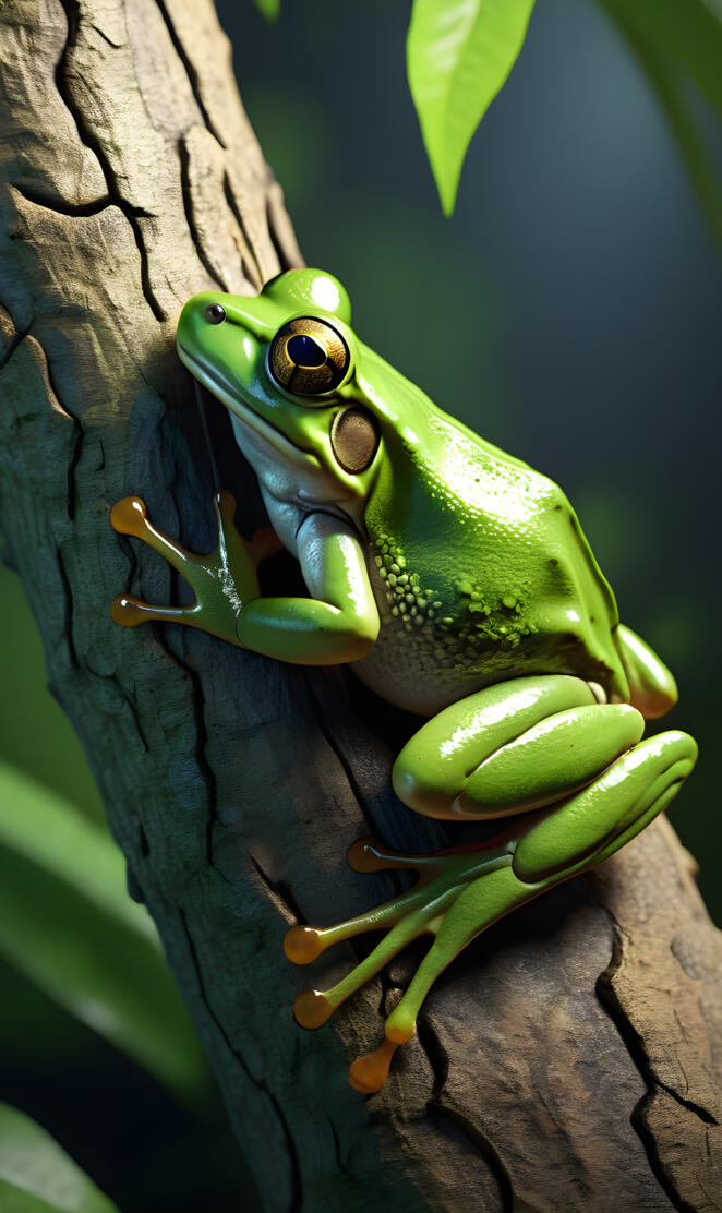 a green frog on a tree branch