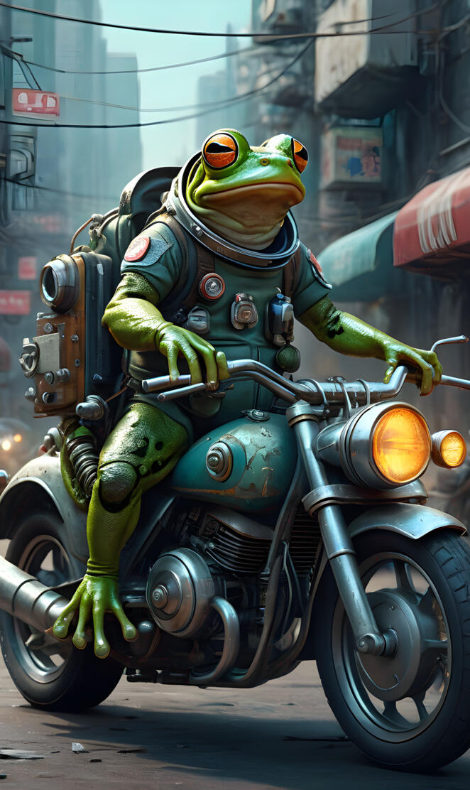 cosmonauts frogs in motorcycle cyberpun