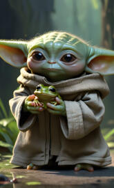 baby Yoda holding a frog