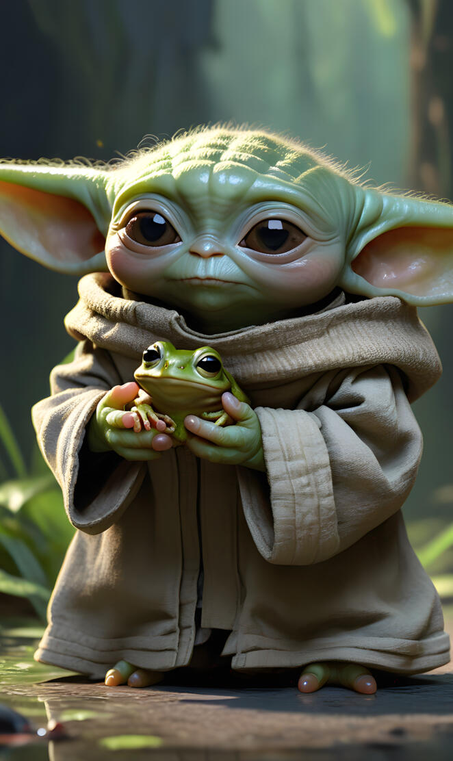 baby Yoda holding a frog