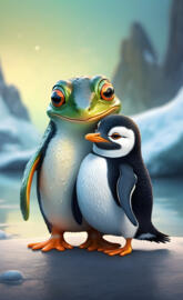 Frog hugging a penguin