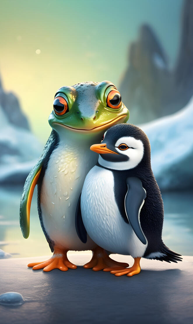 Frog hugging a penguin