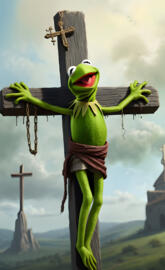 Kermit the Frog nailed to the cross