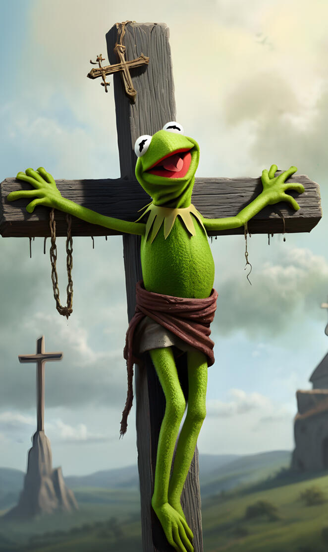 Kermit the Frog nailed to the cross