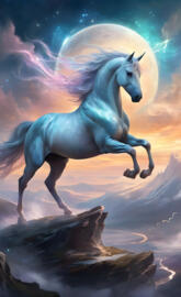 a white horse with a long mane and a white unicorn head on a rock