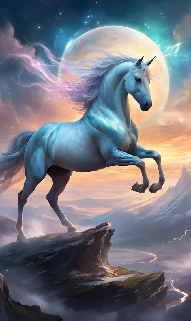 a white horse with a long mane and a white unicorn head on a rock