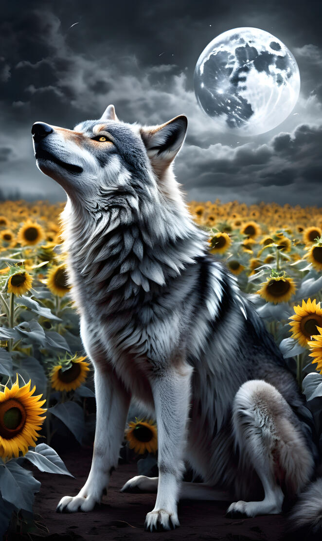 Wolf in sunflower field
