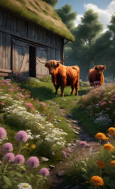 highland cows barn wild flowera