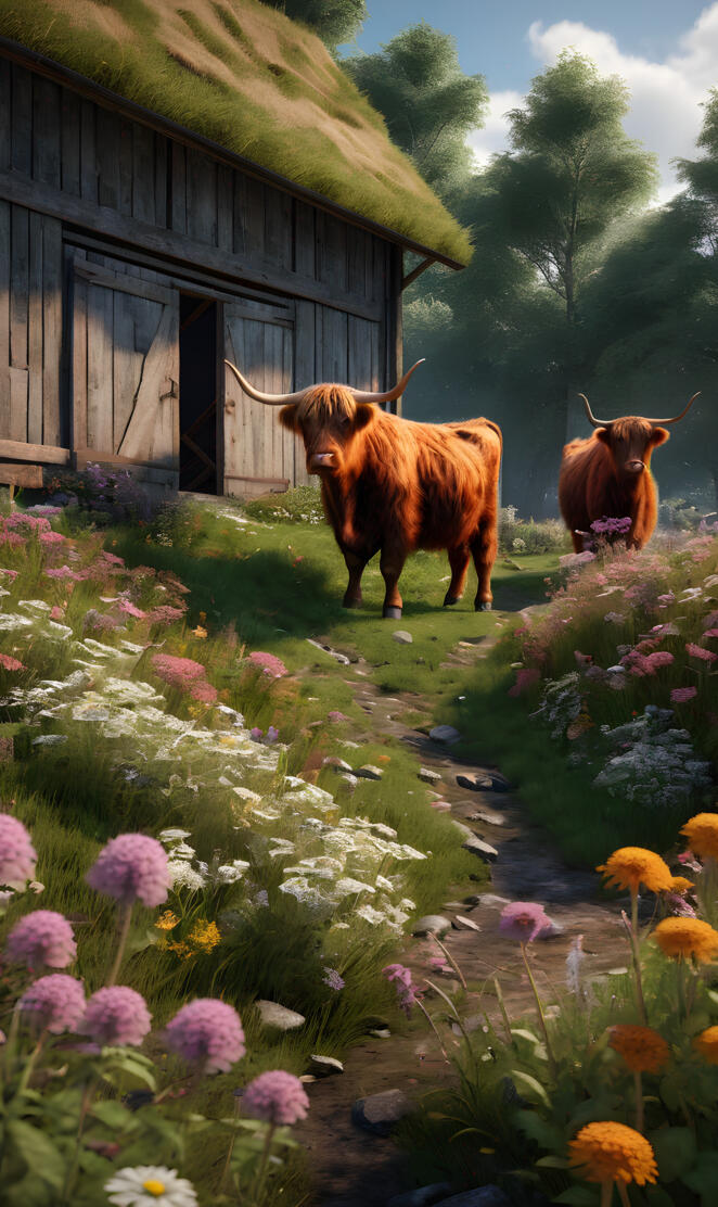 highland cows barn wild flowera