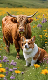 a corgi and a cow in a meadow