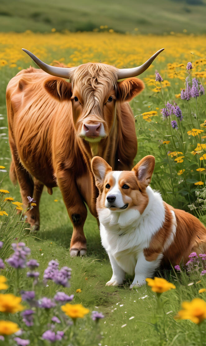 a corgi and a cow in a meadow