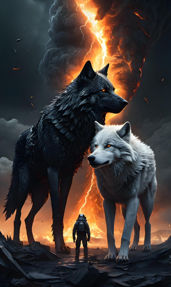 black and white wolf with fire