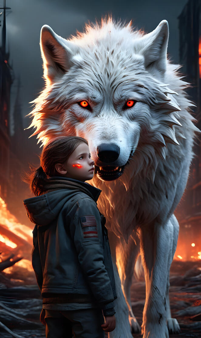 a girl hugging a dire wolf