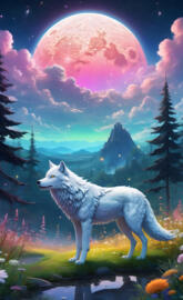 a wolf in a field with a moon in the background