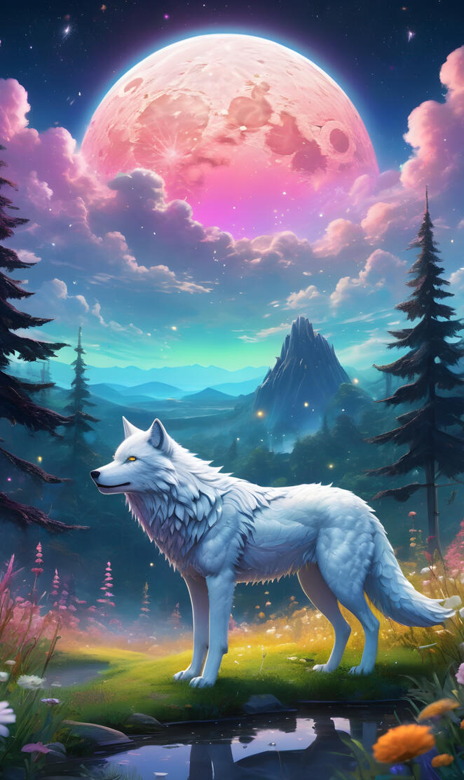 a wolf in a field with a moon in the background