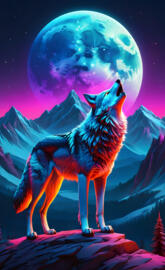 a red and blue wolf with a full moon in the background