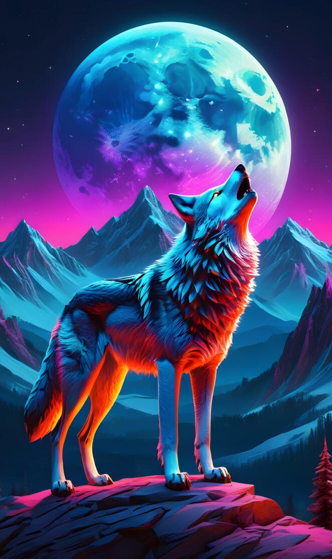 a red and blue wolf with a full moon in the background