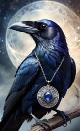 a raven with a medallion