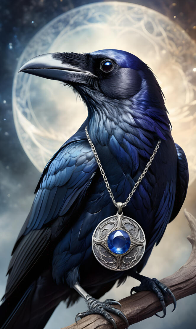 a raven with a medallion