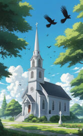 a scary Baptist Church, crows