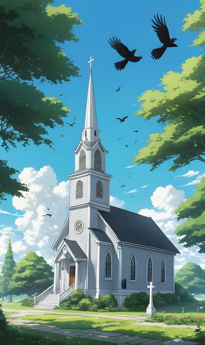 a scary Baptist Church, crows