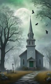 Baptist Church, crows, foggy, dark art