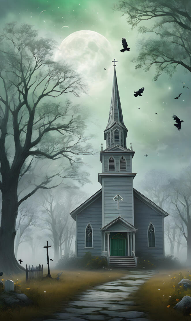 Baptist Church, crows, foggy, dark art