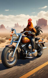 A rooster/Chicken riding a Harley Davidson motorcycle in the desert.