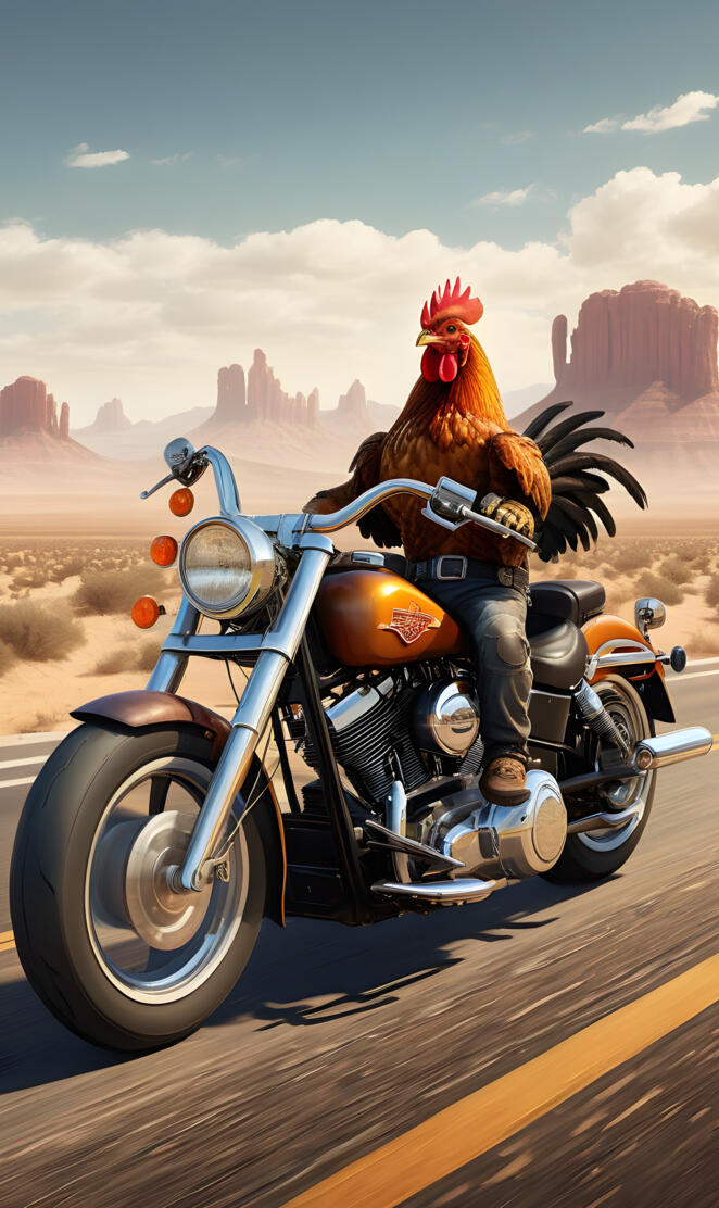 A rooster/Chicken riding a Harley Davidson motorcycle in the desert.