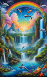 a painting of fish swimming in a pond