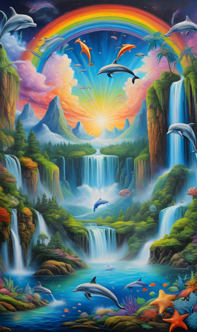 a painting of fish swimming in a pond