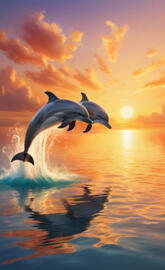 two dolphins hoping over the horizon