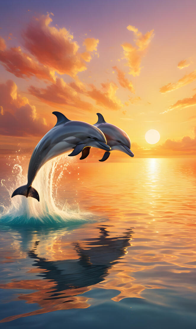 two dolphins hoping over the horizon