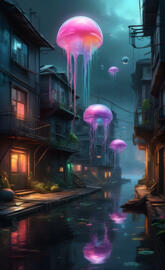 a canal with buildings and a pink balloon floating in the air