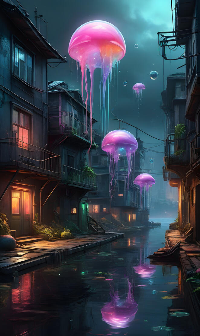 a canal with buildings and a pink balloon floating in the air