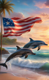 puerto rican and American flag at sunrise