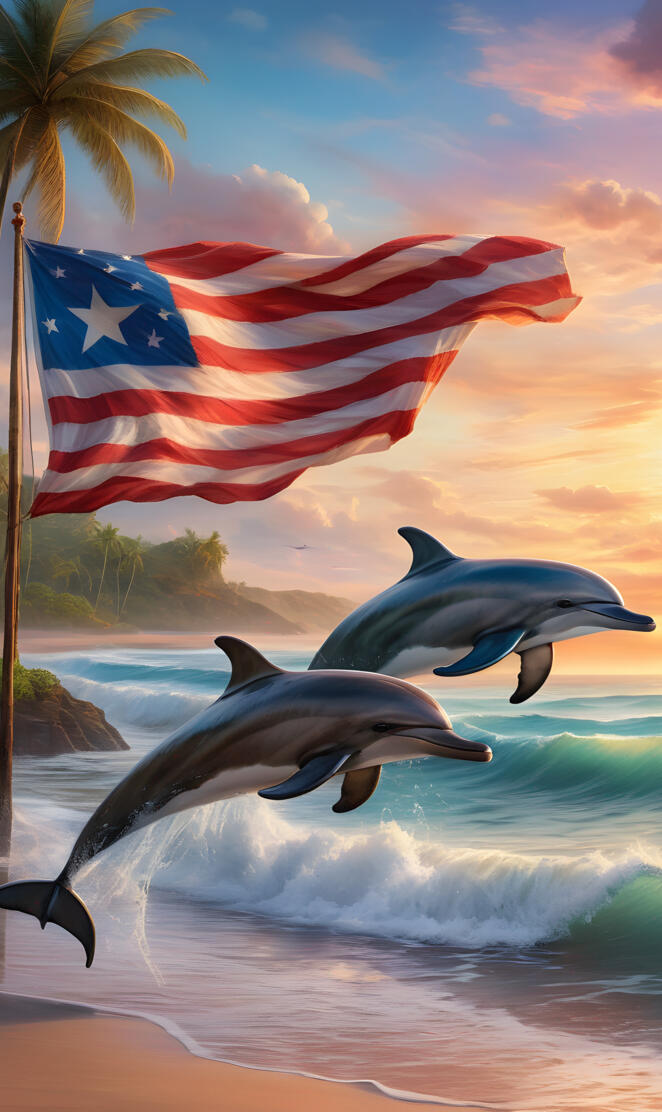 puerto rican and American flag at sunrise