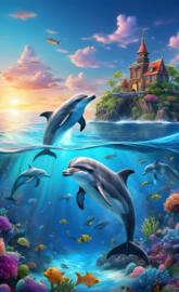 group of dolphins swimming in the sea with a castle in the background