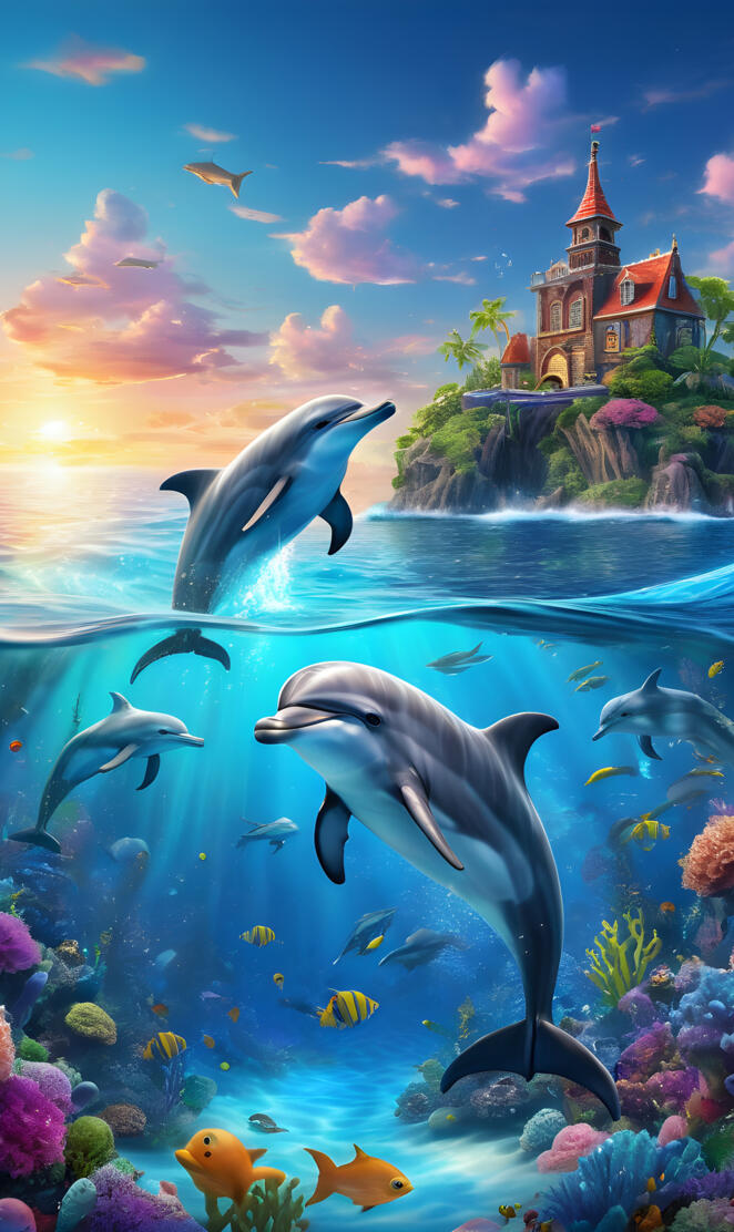 group of dolphins swimming in the sea with a castle in the background