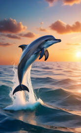a dolphin jumping out of the water with sunset background