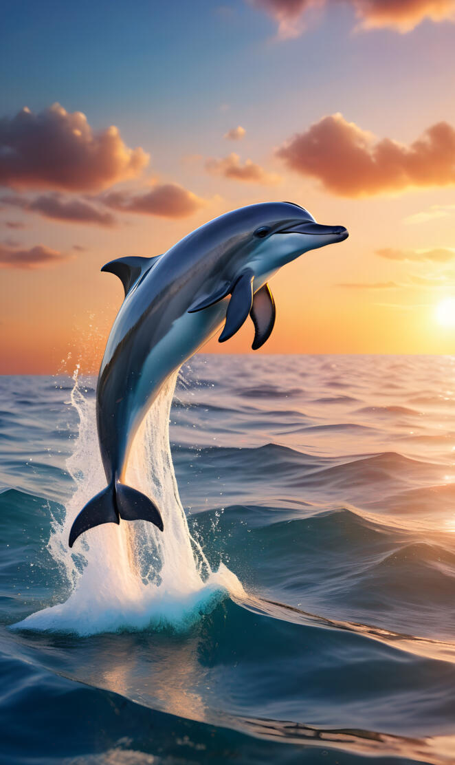 a dolphin jumping out of the water with sunset background