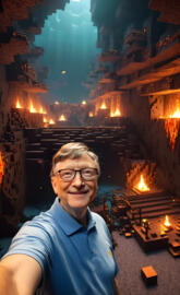 Bill Gates taking a selfie at the Minecraft's fire pit