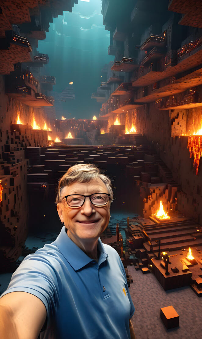Bill Gates taking a selfie at the Minecraft's fire pit