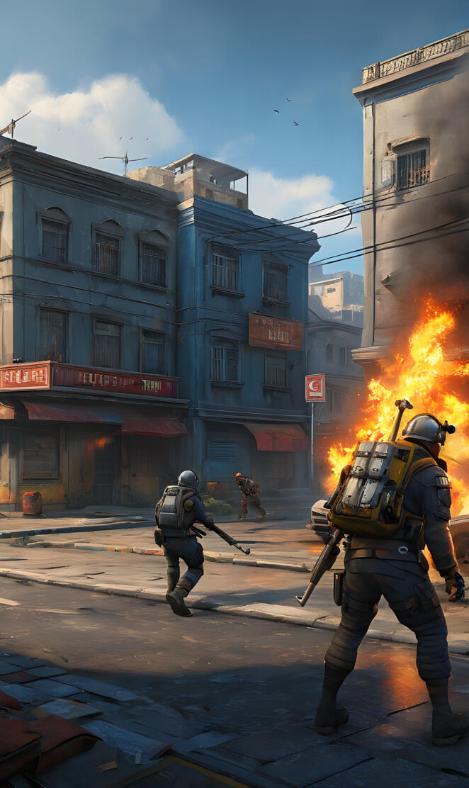 a group of people in riot gear on a street with a building on fire