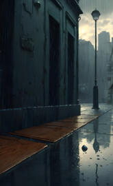 a wet sidewalk with a lamp post