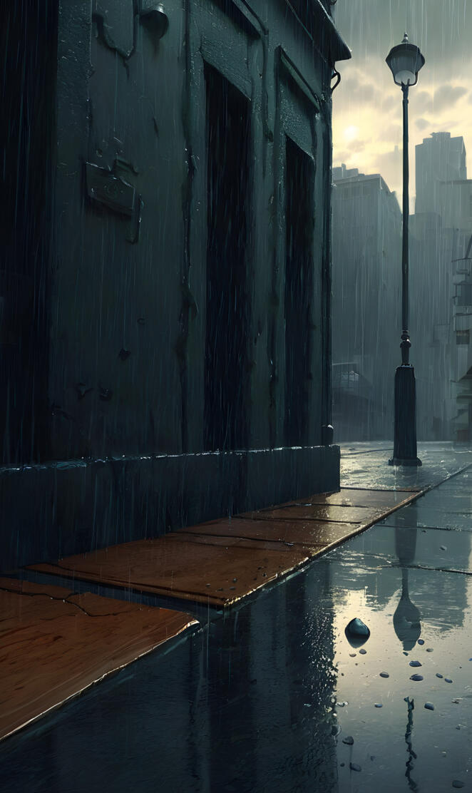 a wet sidewalk with a lamp post