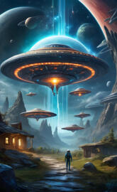 a person standing in a field looking at ufos