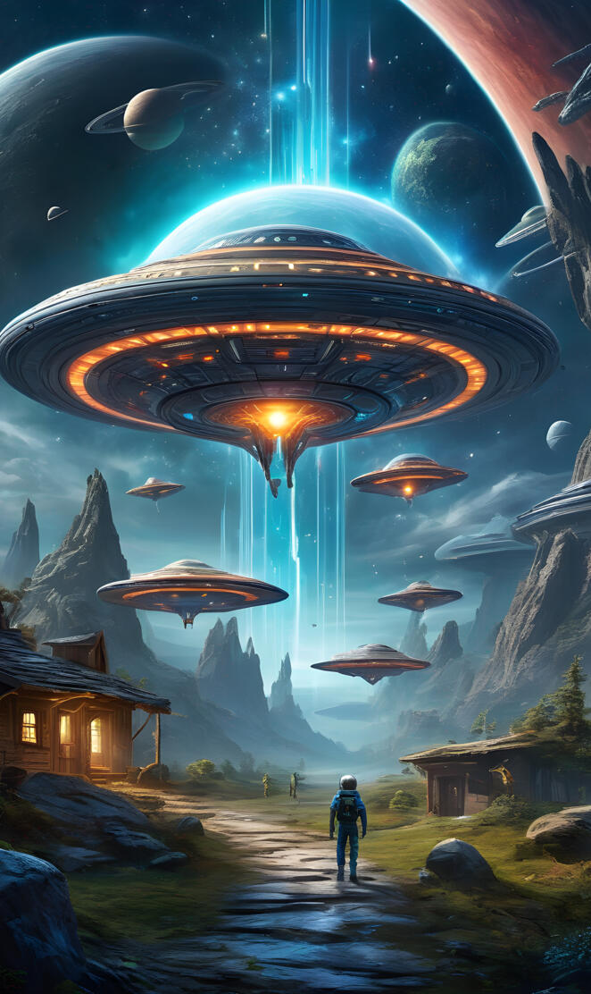 a person standing in a field looking at ufos