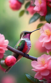 a tiny red humming bird sitting on pink camellia flowers tree,