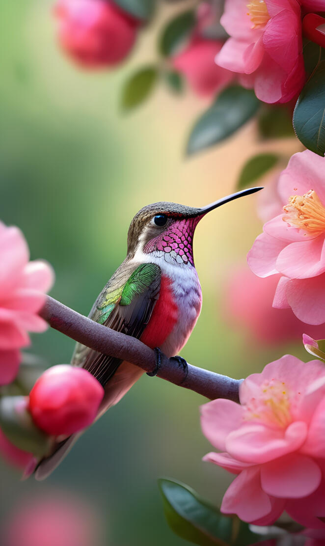 a tiny red humming bird sitting on pink camellia flowers tree,